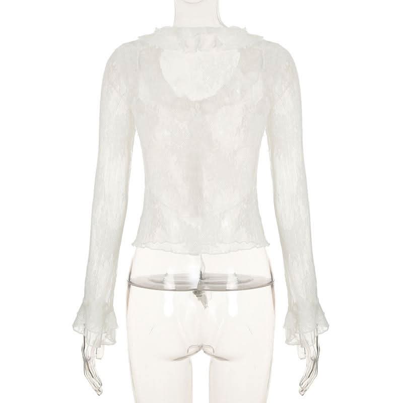 Long sleeve ruffle lace see through top