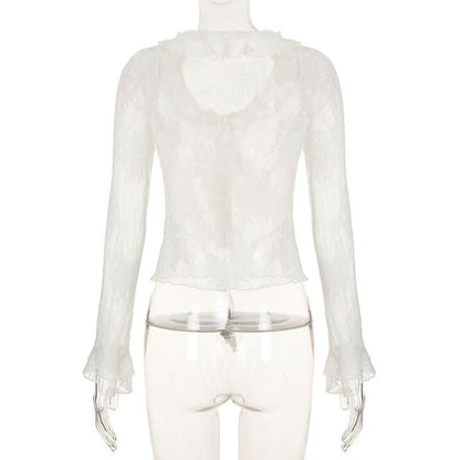 Long sleeve ruffle lace see through top