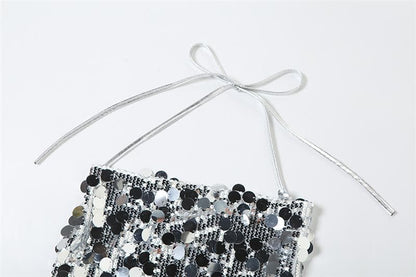 Feather glitter halter v neck backless mini dress