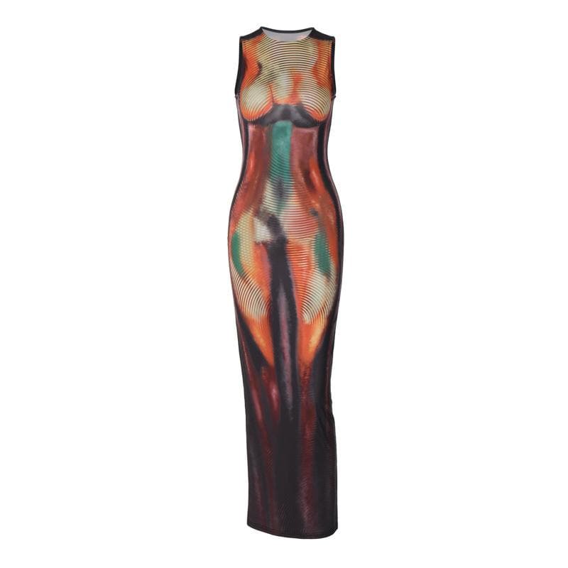 Crewneck body print contrast tank maxi dress