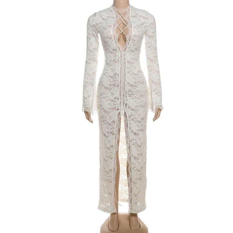 Long sleeve lace cross front slit maxi dress