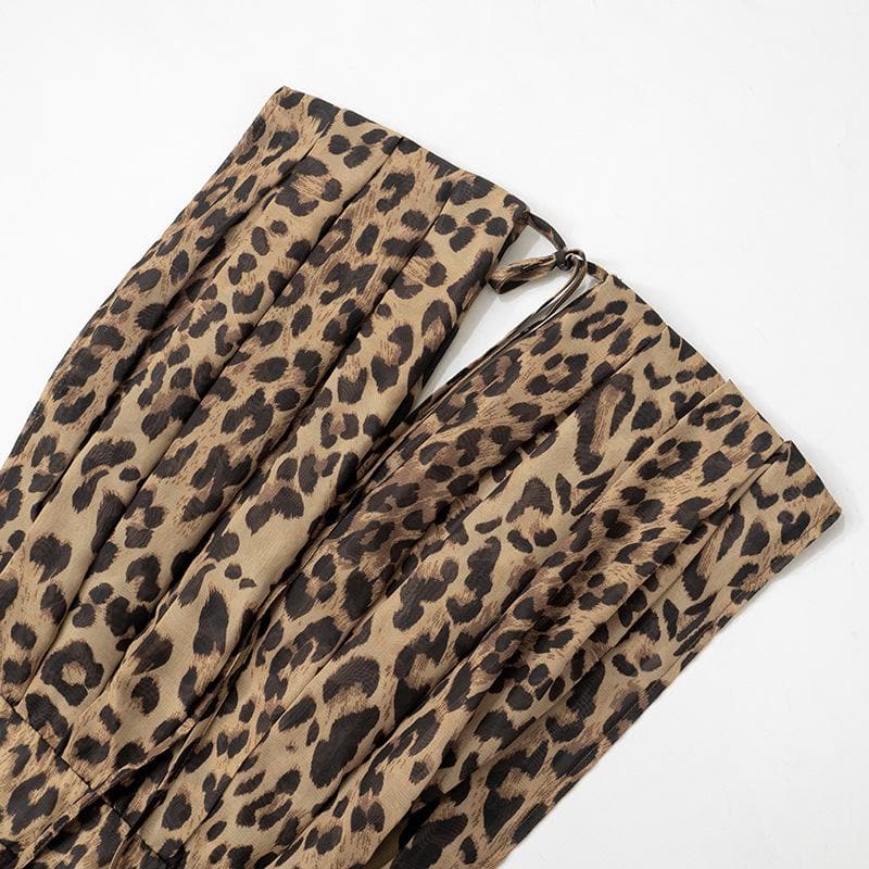 Halter deep v neck leopard print chiffon see through mini dress