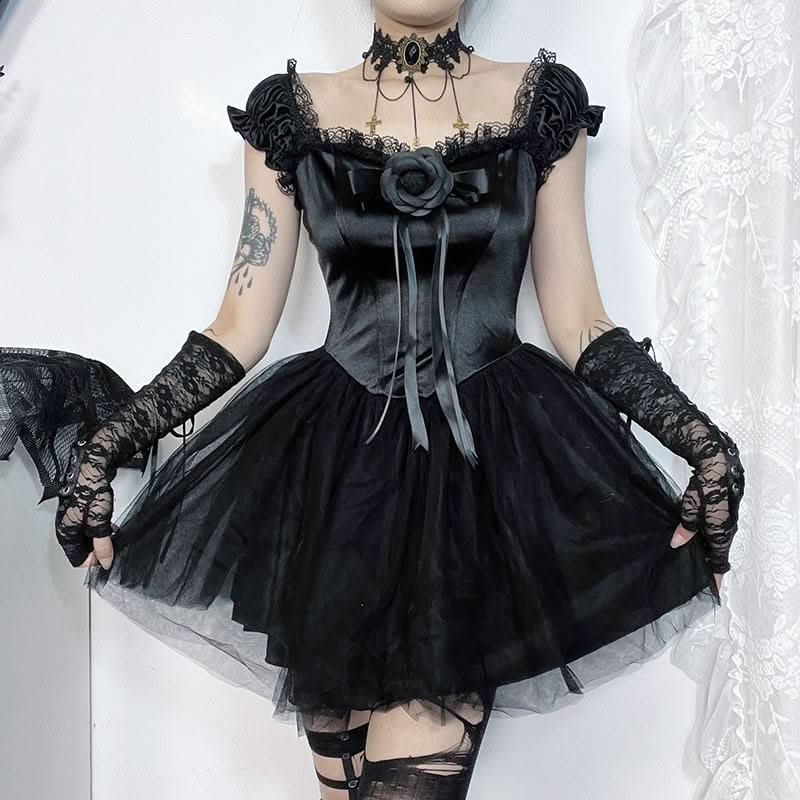 Off shoulder mesh flower applique mini dress