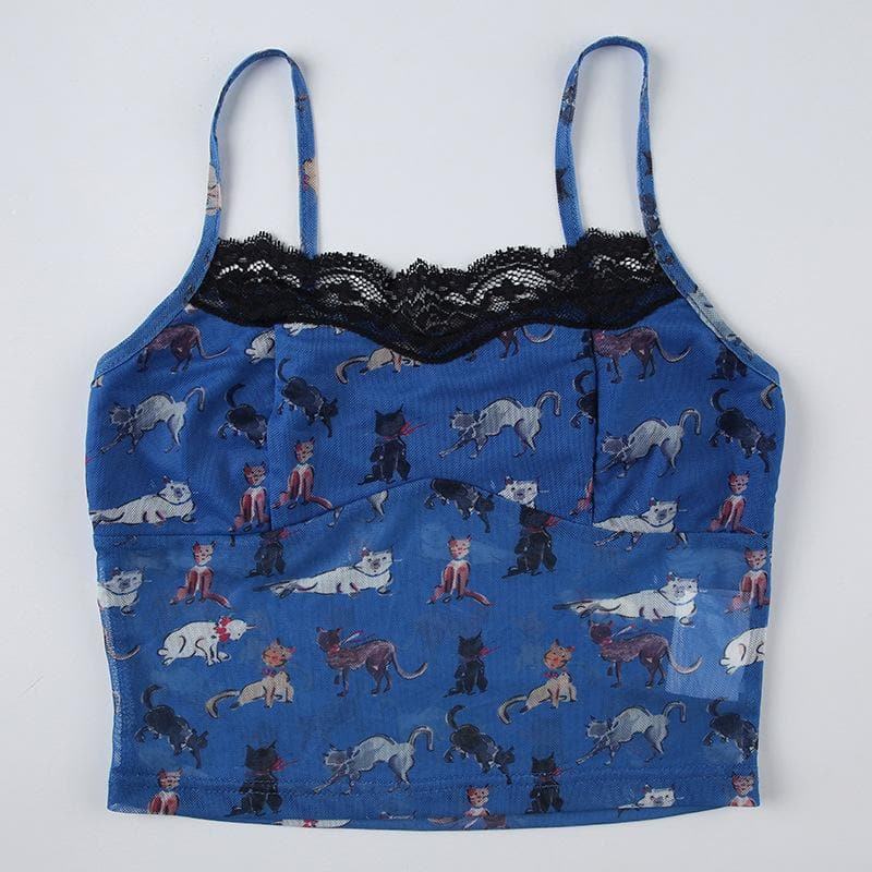 Lace hem print backless cami top