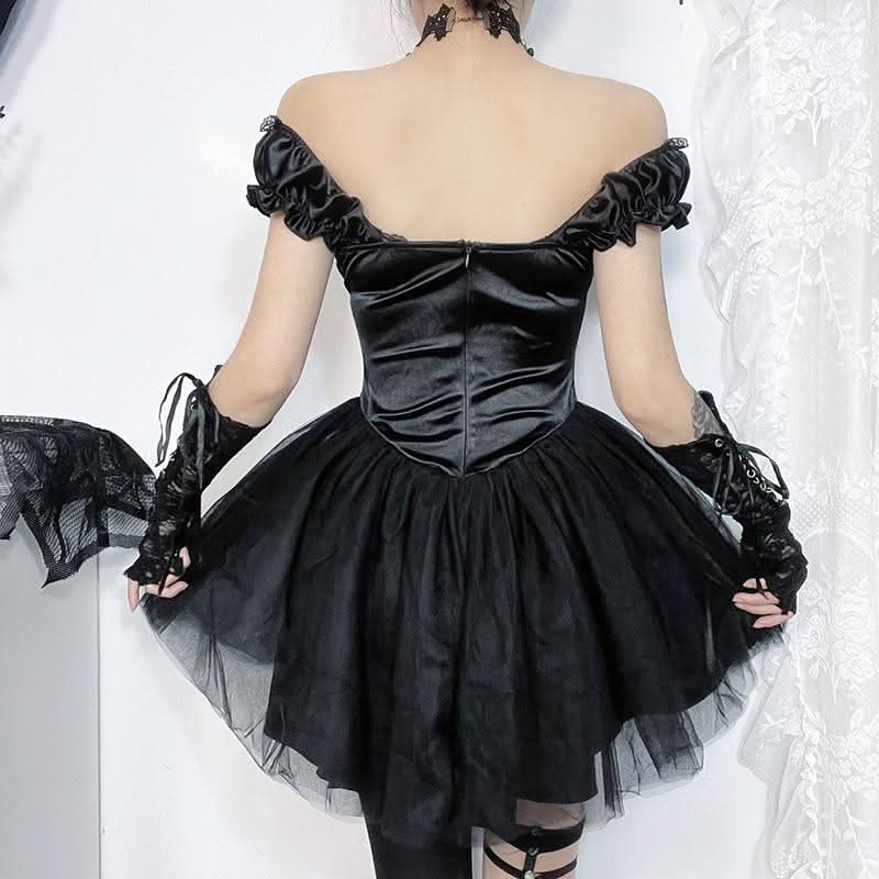Off shoulder mesh flower applique mini dress