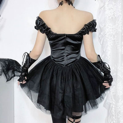 Off shoulder mesh flower applique mini dress