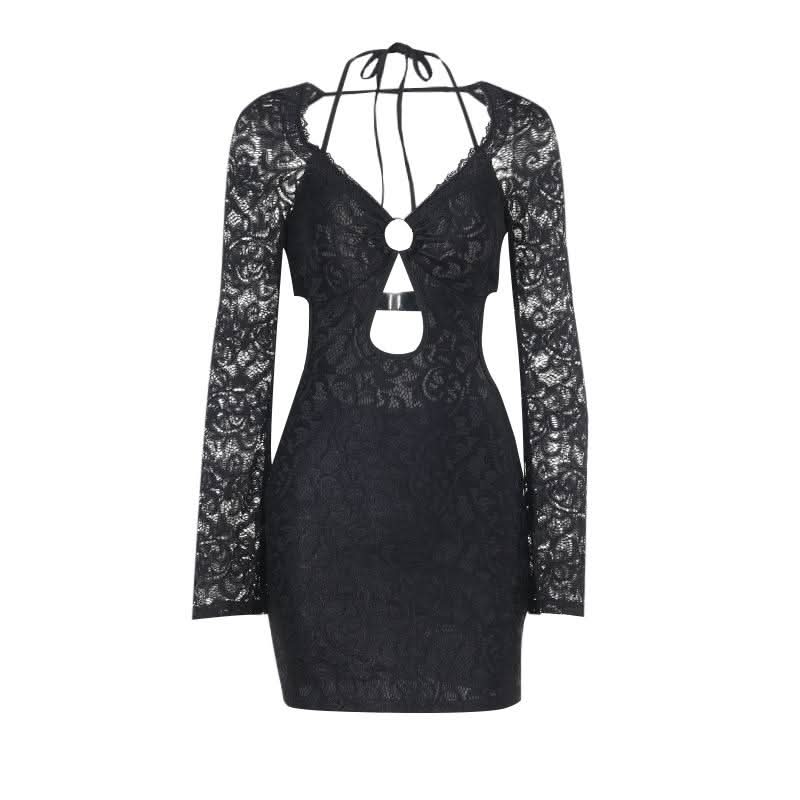 Halter long sleeve lace hollow out o ring cut out mini dress