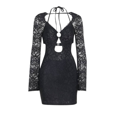 Halter long sleeve lace hollow out o ring cut out mini dress