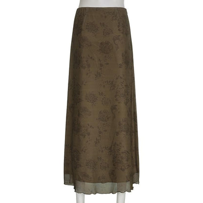 Mesh flower pattern zip-up ruffle midi skirt