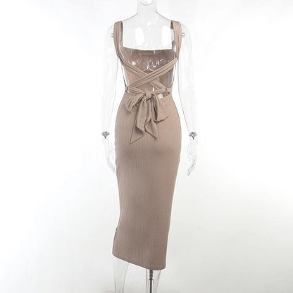 Textured lace up knotted solid midi cami dress