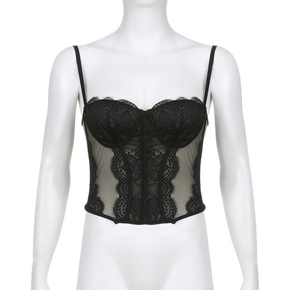 Mesh button lace hem backless bustier cami top