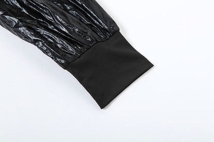 Turnover collar long sleeve PU leather zip-up coat top