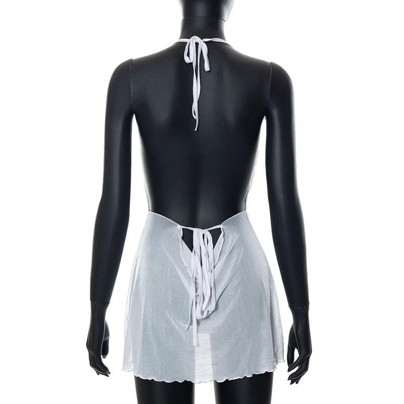 Halter cowl neck sheer mesh ruffle mini dress