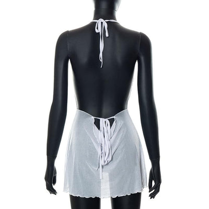 Halter cowl neck sheer mesh ruffle mini dress