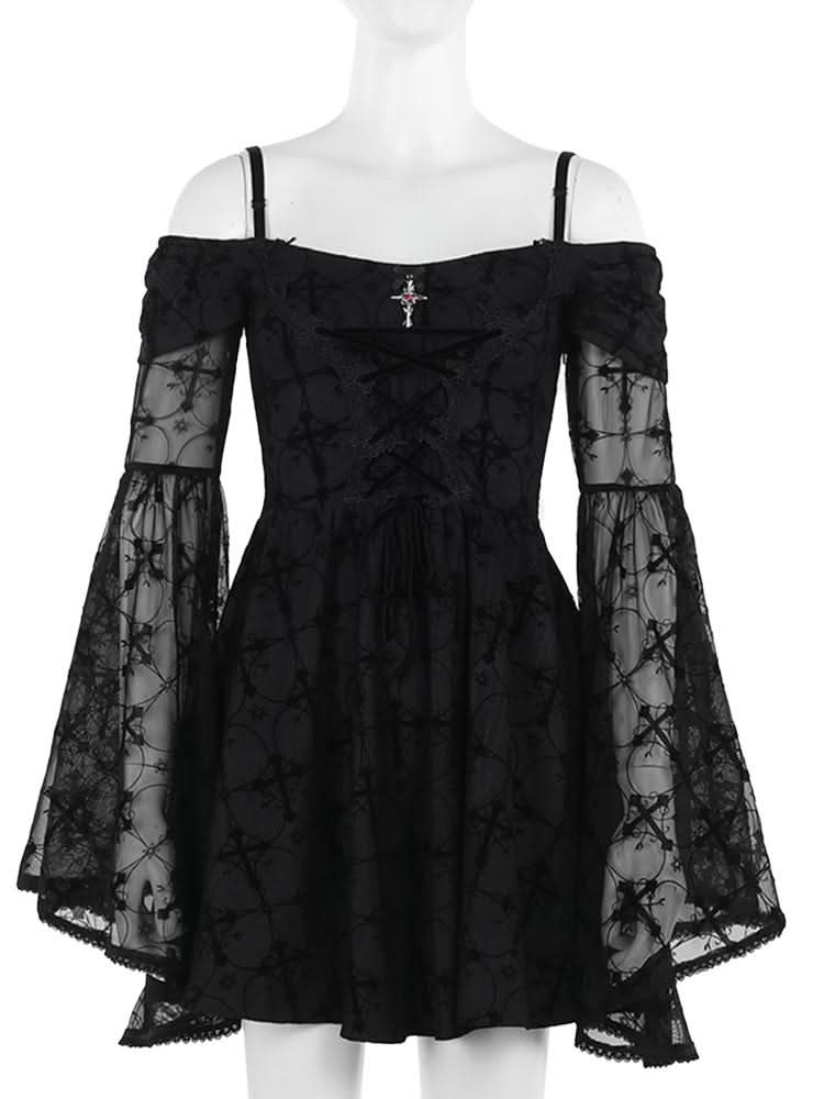Long flared sleeve off shoulder cross applique mini dress