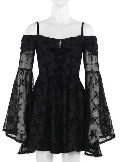 Long flared sleeve off shoulder cross applique mini dress