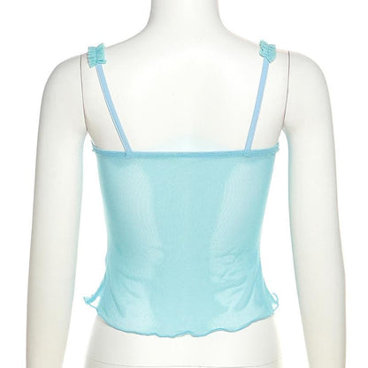 Sweetheart neck mesh bowknot backless ruffle lace hem cami top