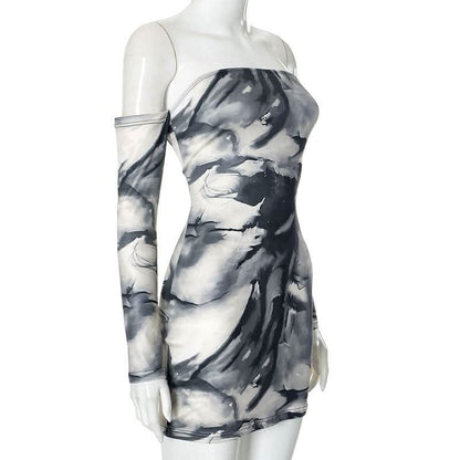 Off shoulder tie dye print long sleeve mini dress
