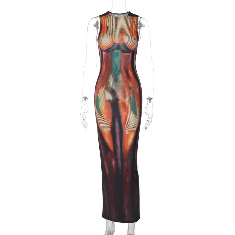 Crewneck body print contrast tank maxi dress