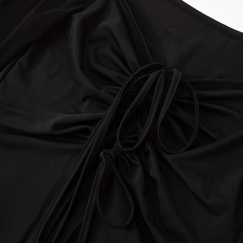 Off shoulder long sleeve mesh slit ruched self tie top