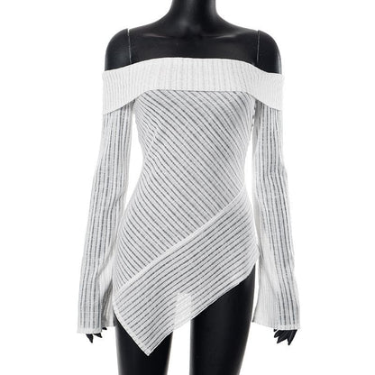 Off shoulder long sleeve textured irregular solid top