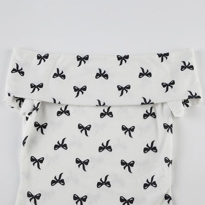Off shoulder bowknot ribbed print top