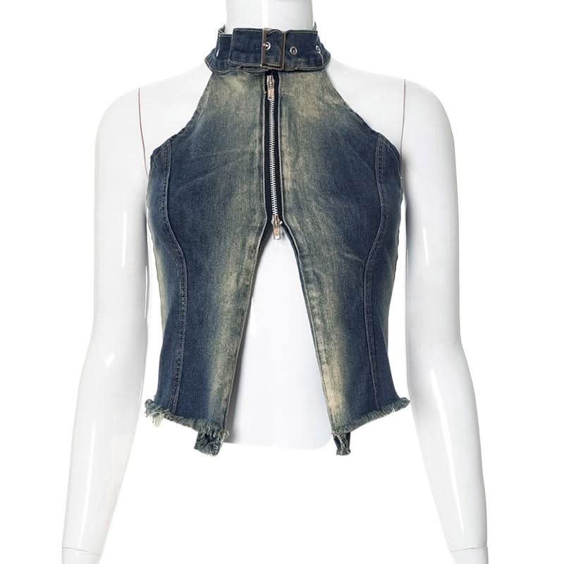 Halter zip-up slit denim buckle raw hem top