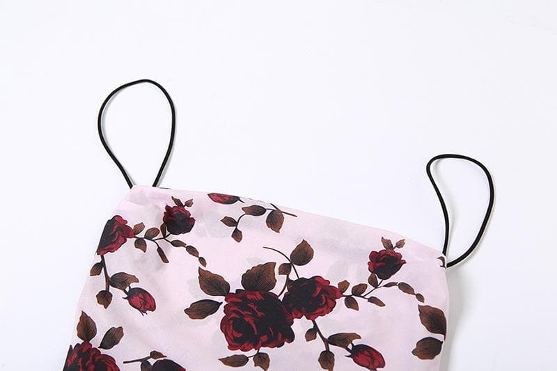 Flower print low cut spaghetti strap contrast lace up backless midi dress