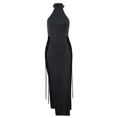 Sleeveless solid hollow out slit lace up cut out midi dress