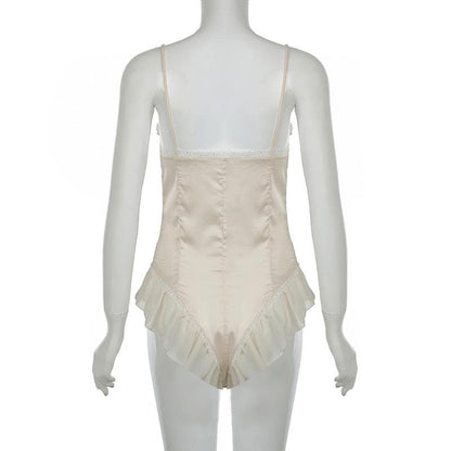 Lace patchwork satin ruffle cami bodysuit
