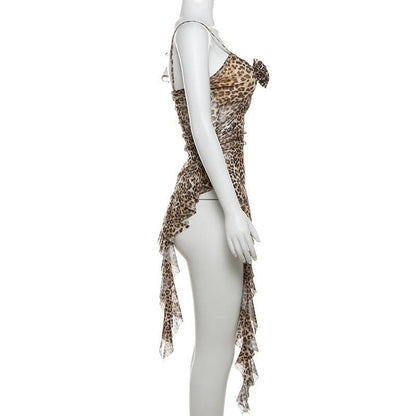 Leopard print flower applique irregular ruffle cami top