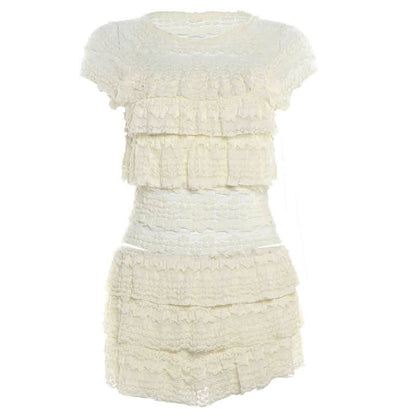 Crewneck ruffle lace ruched cap sleeve pant set