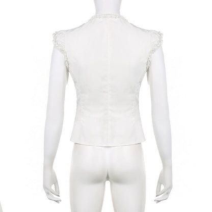 Ruffle cap sleeve lace up ruched corset button top