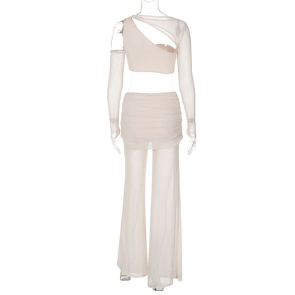 Long sleeve mesh patchwork ruched maxi skirt set-final-sale