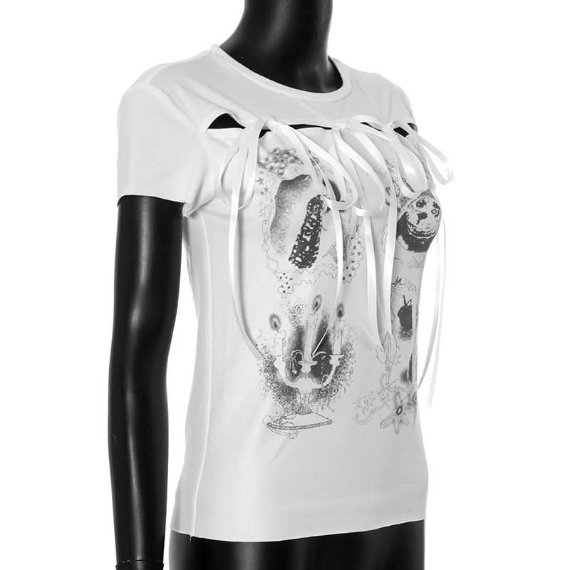Hollow out crewneck short sleeve self tie print cut out top
