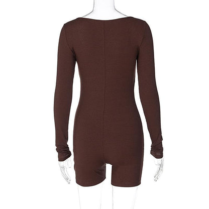Ribbed notch neck long sleeve solid romper