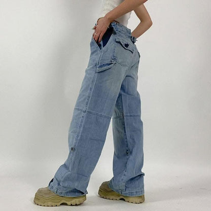 Hollow out belt patchwork button applique jeans-final-sale