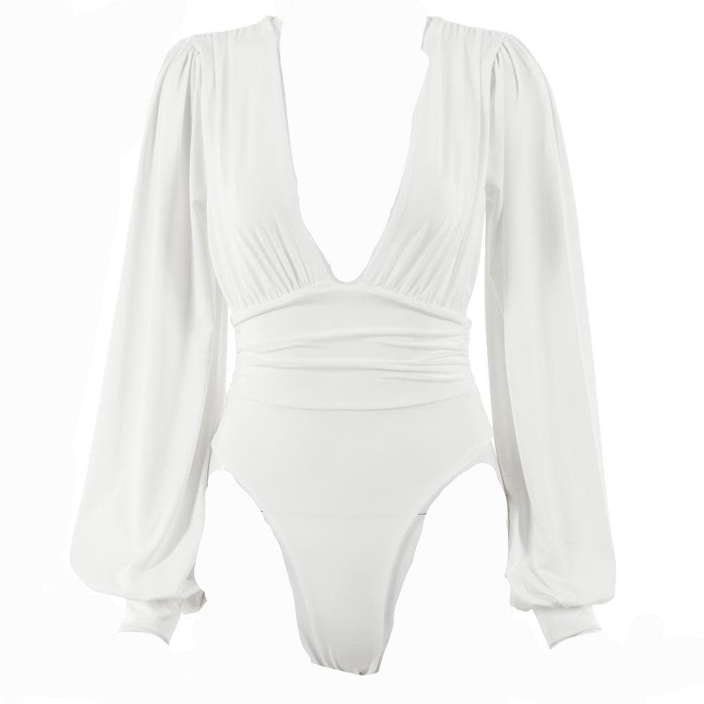 Halibuy Double layered deep v neck ruched solid bodysuit - Final Sale