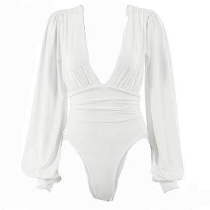 Halibuy Double layered deep v neck ruched solid bodysuit - Final Sale