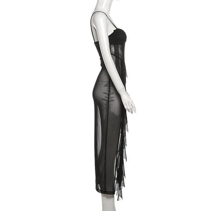 Sweetheart neck ruffle high slit sheer mesh cami midi dress