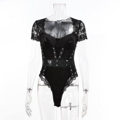 Short sleeve lace velvet patchwork bodysuit