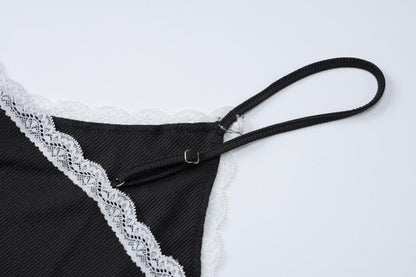 Bowknot lace hem v neck contrast cami top