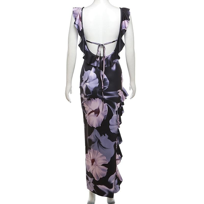 Floral Print Cap Sleeve Ruffle Keyhole Asymmetric Slit Maxi Dress