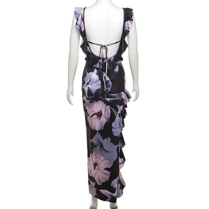 Floral Print Cap Sleeve Ruffle Keyhole Asymmetric Slit Maxi Dress