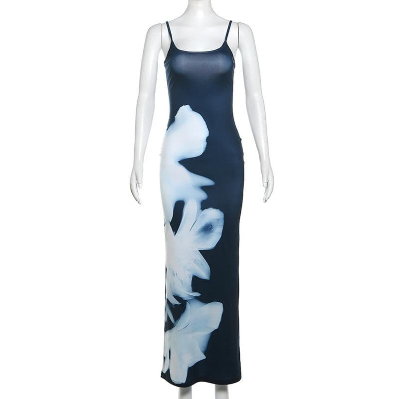 U neck print backless contrast cami maxi dress