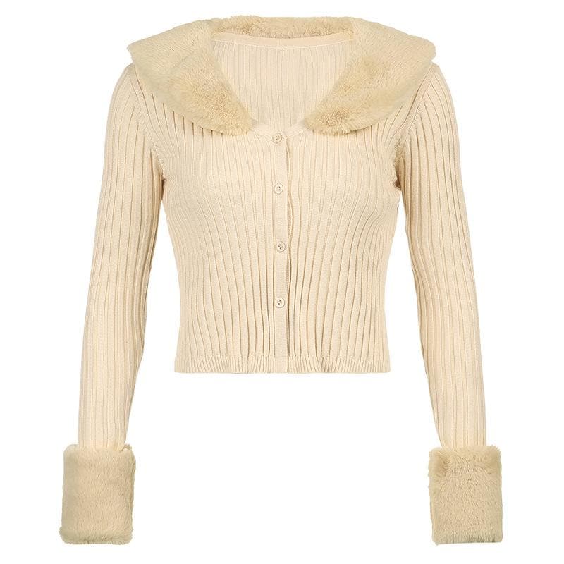 Button fluffy turnover collar knitted long sleeve cardigan top