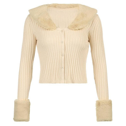 Button fluffy turnover collar knitted long sleeve cardigan top