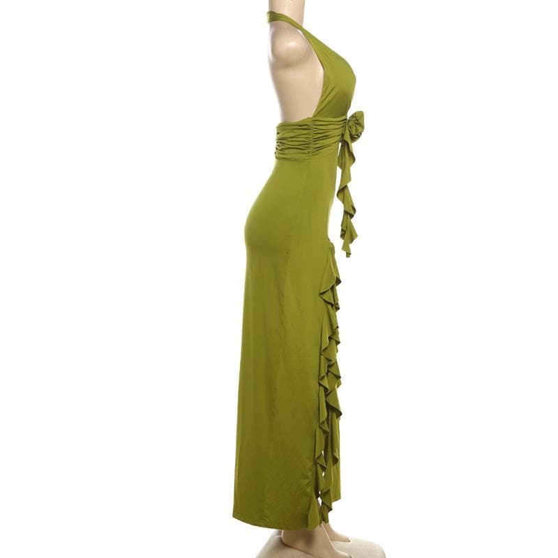 Halter v neck flower applique ruched high slit maxi dress