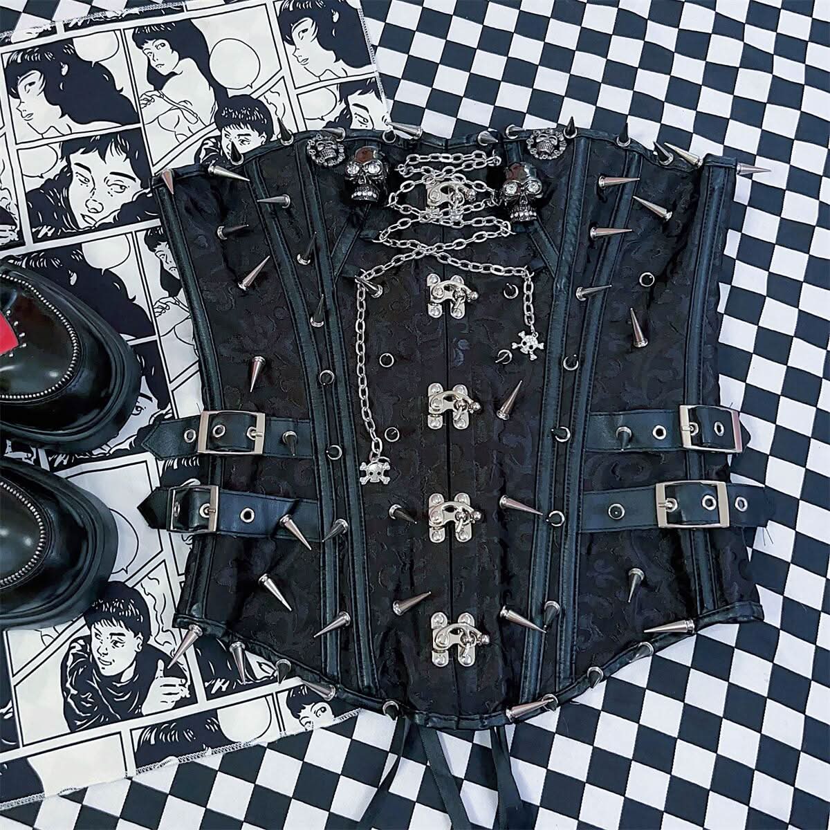 Metal chain skull applique print buckle lace up tube top