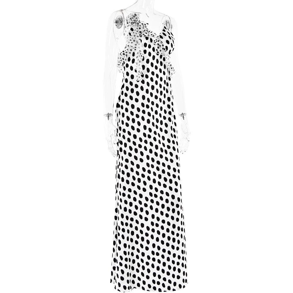 Polka dot flower applique ruffle cami maxi dress
